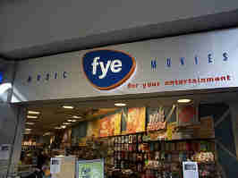 The sign above the Fye entrance. The sign uses the company's 2000s logo.
